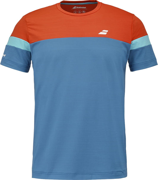 The Babolat Crew Neck Men's Tennis T-Shirt - Seaport features a burnt orange upper, light blue sleeve stripes, and a blue lower section with small white logos for standout style and comfort on the court.