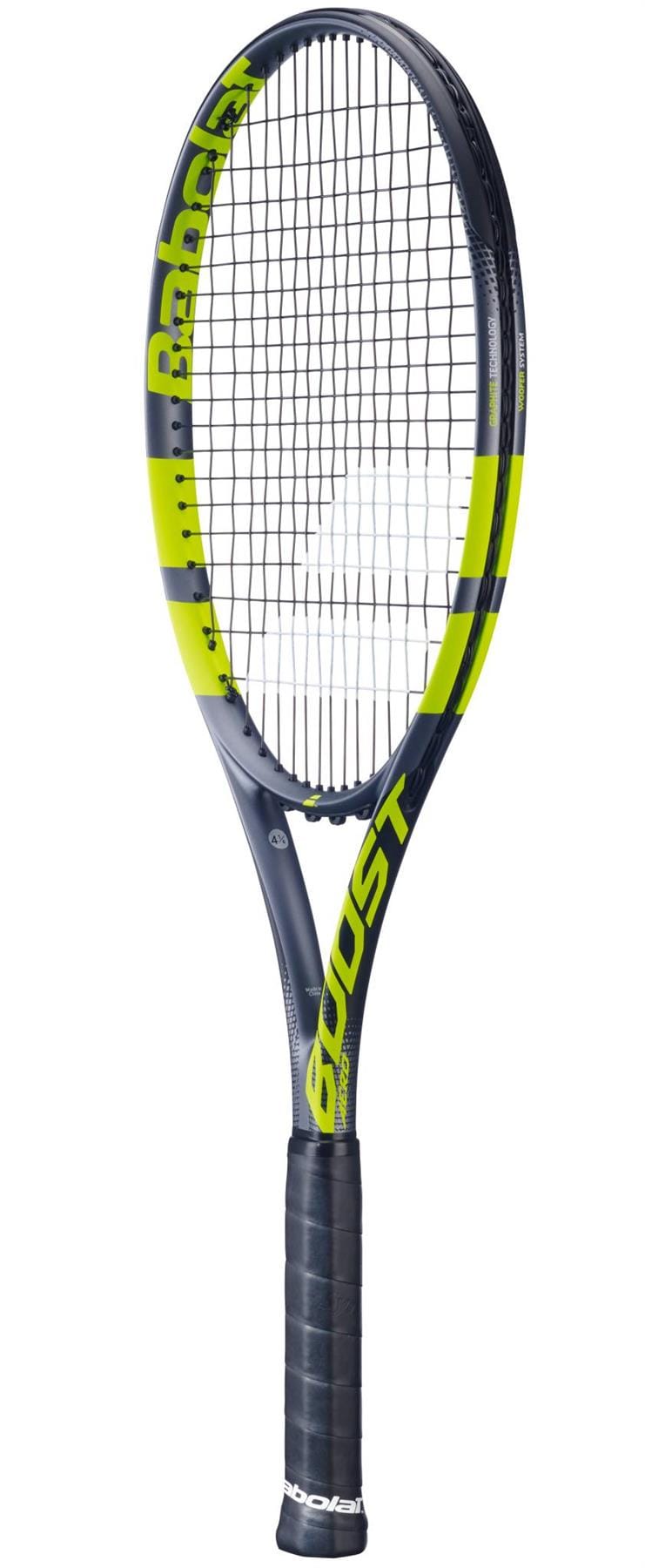 The Babolat Boost Aero 2026 Tennis Racket features a black and yellow design with a black grip, white strings, and "BOOST" printed on the throat—perfect as an entry-level choice for new players.