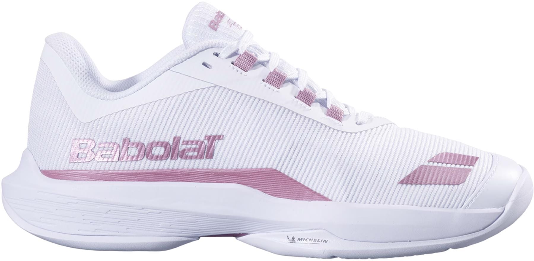 The Babolat Jet Tere 2 All Court Women’s Tennis Shoes in White/Golden Pink feature breathable mesh, pink accents, and the Babolat logo for stylish comfort on court.