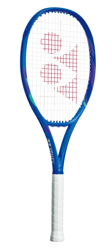 The Yonex EZONE 100 Blast Blue 2025 Tennis Racket features a blue frame with green and purple accents, a white grip, red strings with a geometric design, and vibration dampening technology for enhanced performance.