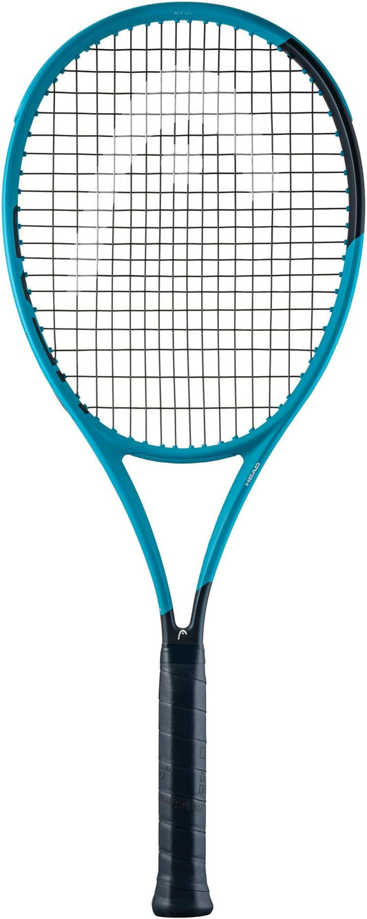 The HEAD Boom MP UL 2026 Tennis Racket by HEAD, in blue and black with a black grip, stands upright against a white background. This ultra-lightweight racket offers swift and powerful play thanks to its tightly strung net and rounded frame.