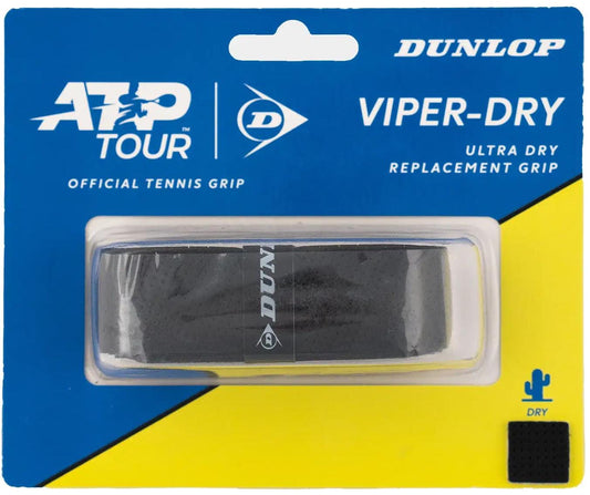 A packaged Dunlop ATP Viper Dry Replacement Tennis Grip—Black—on a blue and yellow card labeled "ATP Tour Official Tennis Grip," "Ultra Dry Replacement Grip," with the Dunlop logo, offering superior sweat absorption.