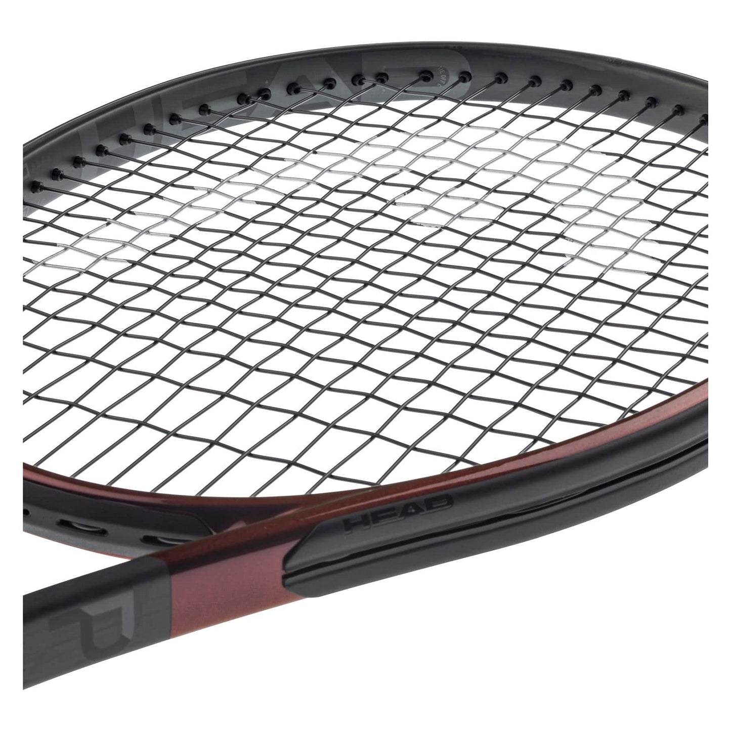 A close-up of the HEAD Prestige Pro 2023 Tennis Racket - Black (Frame Only) showcases the intricate strings and sleek frame, featuring Auxetic 2.0 technology. The brand "HEAD" is prominently displayed on the side, highlighting its innovative design and dark finish.