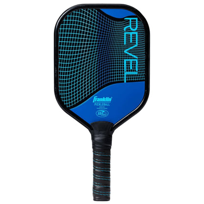 The Franklin Revel Pickleball Paddle - Blue by Franklin is USA Pickleball approved, features black trim, a black handle with blue-striped grip tape, and a geometric web design with "REVEL" on the face; ideal for beginners.
