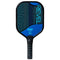 The Franklin Revel Pickleball Paddle - Blue by Franklin is USA Pickleball approved, features black trim, a black handle with blue-striped grip tape, and a geometric web design with "REVEL" on the face; ideal for beginners.