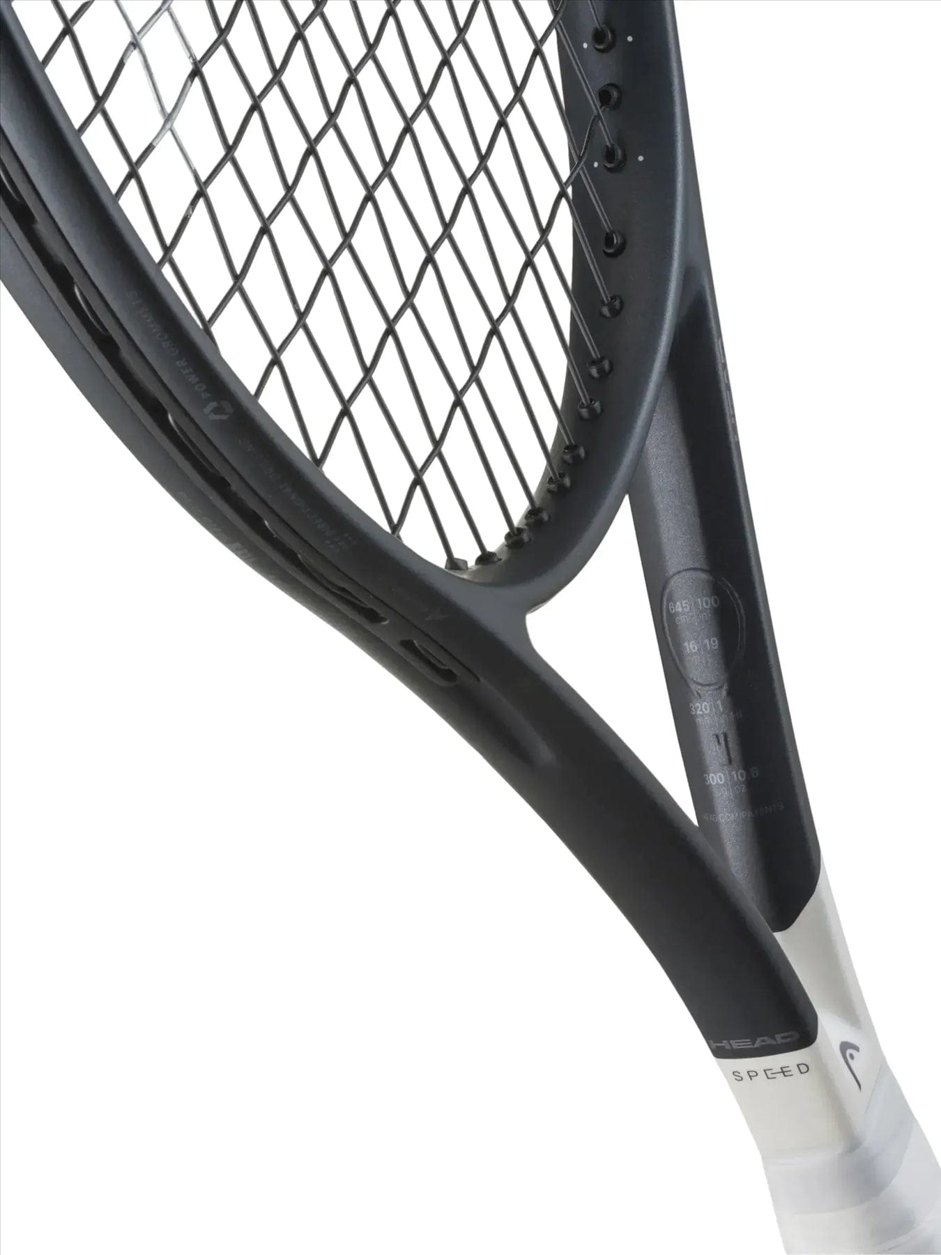 Close-up of the HEAD Speed MP 2026 Tennis Racket - Black / White by HEAD, featuring its head, string pattern, and white handle—perfect for intermediate and advanced players seeking precision and control.