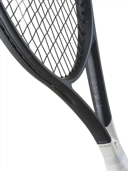 Close-up of the HEAD Speed MP 2026 Tennis Racket - Black / White by HEAD, featuring its head, string pattern, and white handle—perfect for intermediate and advanced players seeking precision and control.