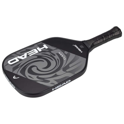 The HEAD Flash Team Pickleball Paddle in Black/Grey features a swirling pattern, bold white "HEAD" lettering, and an ergonomic handle with black grip tape—perfect for beginners seeking comfort and control.