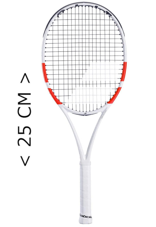 The Babolat Mini Pure Strike Tennis Racket boasts a sleek white frame with red accents and is wrapped in white grip tape. An arrow indicates its 25 CM size, making it the perfect mini replica for tennis fans.