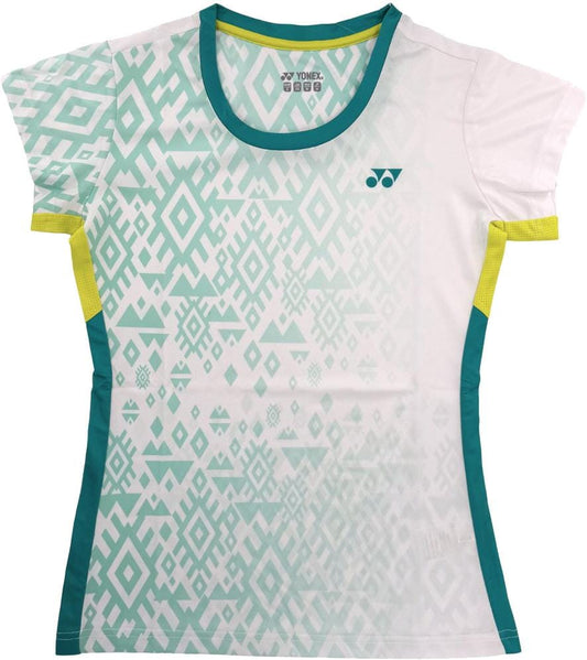 The Yonex YTL11 Womens Tennis T-Shirt in white features a geometric teal and white design, teal side panels, yellow sleeve accents, and is made from quick-drying, lightweight performance fabric for on-court comfort.