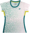 The Yonex YTL11 Womens Tennis T-Shirt in white features a geometric teal and white design, teal side panels, yellow sleeve accents, and is made from quick-drying, lightweight performance fabric for on-court comfort.