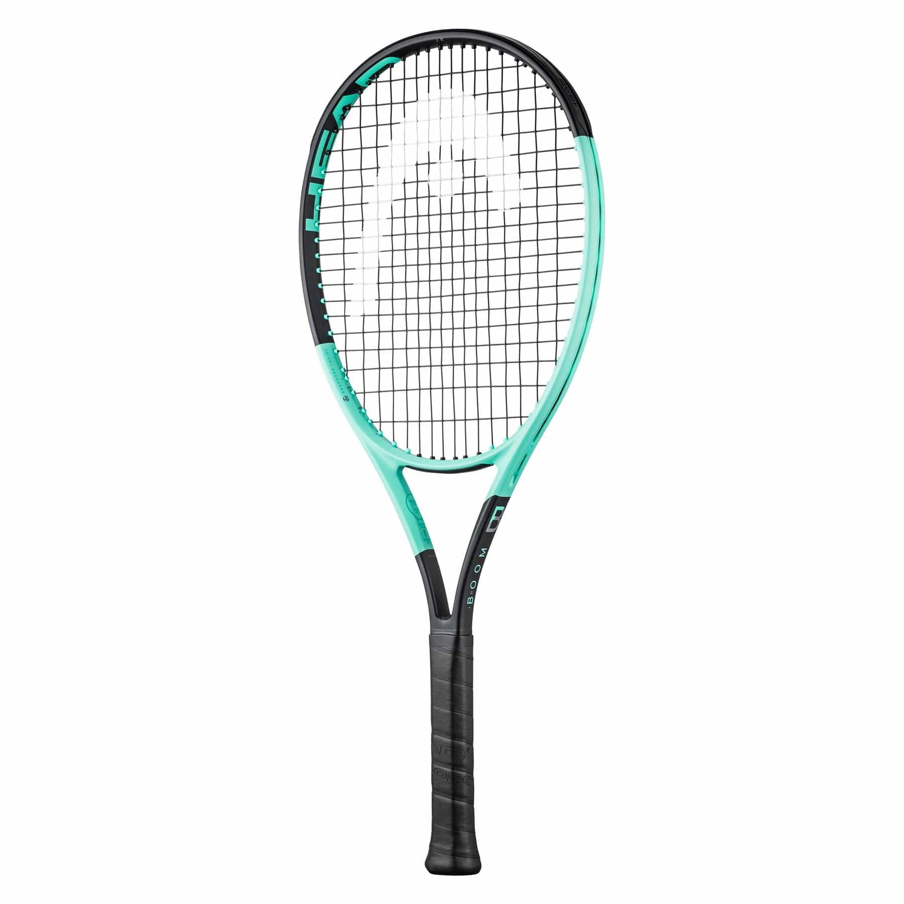 The HEAD Boom Junior 25 2024 Tennis Racket features a stylish black and mint frame paired with a sleek black grip handle. Incorporating Graphene Inside technology, the strings create an accurate grid pattern, and the word "HEAD" is prominently displayed on the side for an iconic touch.