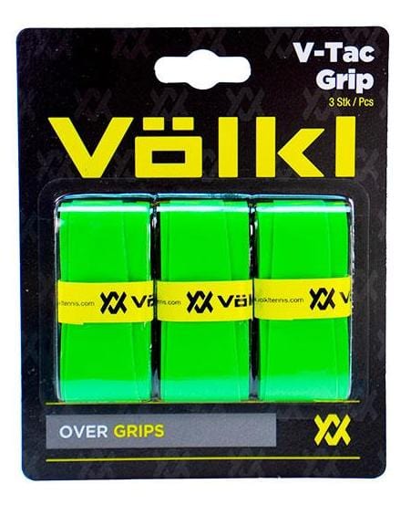 The Volkl V-Tac Tennis Overgrip - 3 Pack - Green comes in packaging that highlights three vibrant green overgrips, designed to offer an exceptionally tacky grip for tennis rackets. The packaging includes yellow bands set against a dark backdrop, with the Volkl branding and product information clearly displayed.