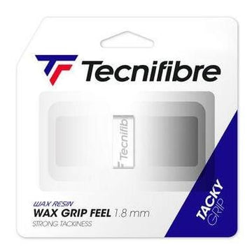 Introducing the Tecnifibre Wax Feel Replacement Tennis Grip - White, featuring innovative Wax Grip technology. This 1.8 mm thick wax resin grip is designed to provide the superior tackiness that tennis players demand. The packaging showcases a predominantly white design accented by bold blue highlights and branding from Tecnifibre.