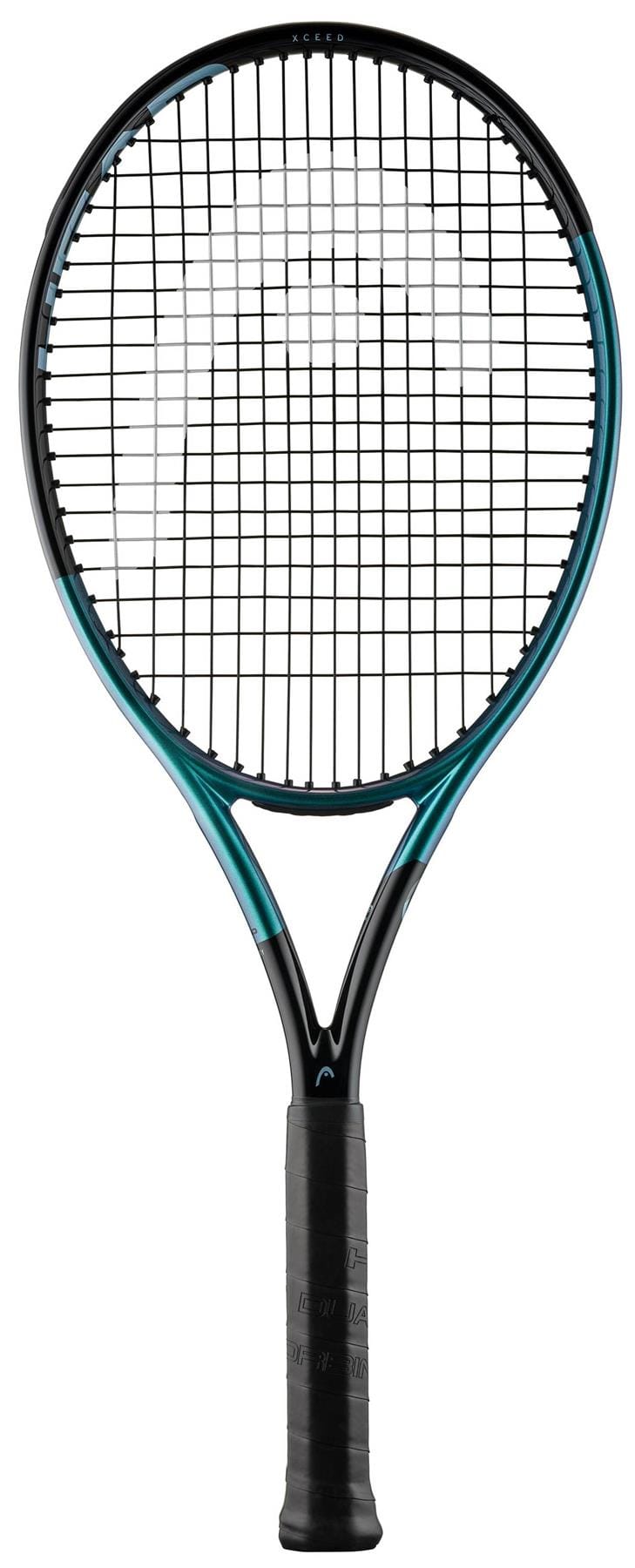 A HEAD IG Gravity XCEED Tennis Racket by HEAD is shown upright against a white background, featuring a black frame with teal accents and a black grip—an ideal graphite racket for beginners.
