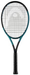A HEAD IG Gravity XCEED Tennis Racket by HEAD is shown upright against a white background, featuring a black frame with teal accents and a black grip—an ideal graphite racket for beginners.