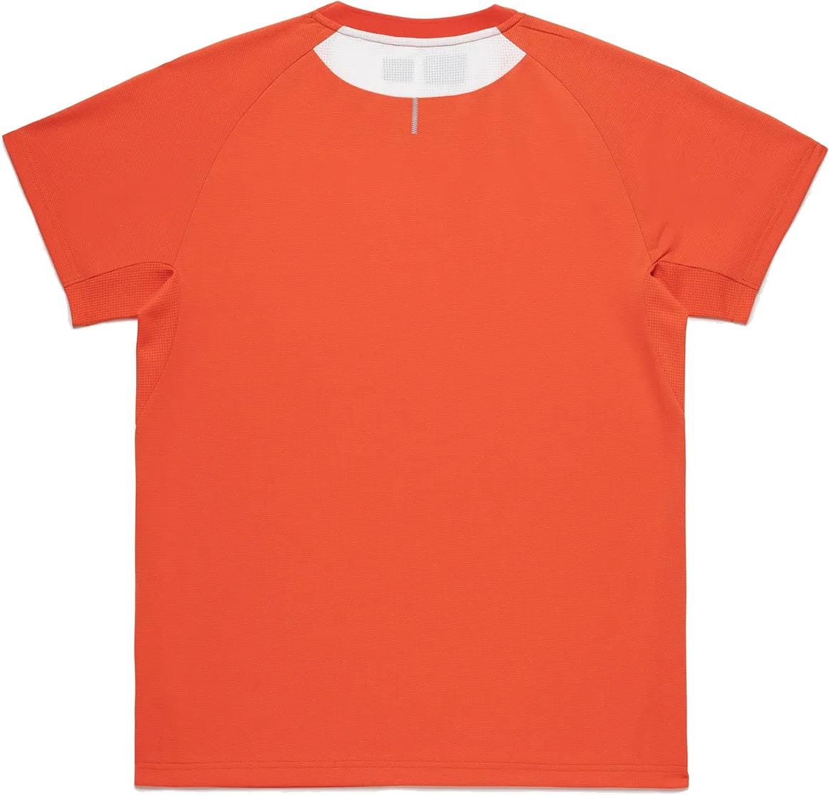 Back view of the Yonex 10711YX Crew Neck Men's Tennis T-Shirt in Cyber Orange, featuring raglan sleeves, a small light patch on the neckline, and a vertical white center stitch—ideal performance sportswear from Yonex.