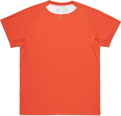 Back view of the Yonex 10711YX Crew Neck Men's Tennis T-Shirt in Cyber Orange, featuring raglan sleeves, a small light patch on the neckline, and a vertical white center stitch—ideal performance sportswear from Yonex.