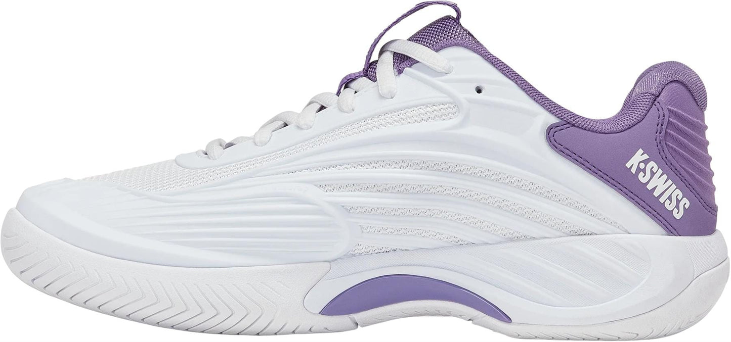 The K-Swiss Hypercourt Express 3 Women's Tennis Shoe in White/Purple Haze/Lunar Rock features a textured sole, Surgelite+ midsole, white laces, and K-Swiss logo on the purple heel and tongue, shown from a side view.