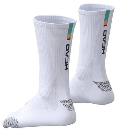 HEAD Colour Crew Tennis Socks in white/turquoise feature ribbed texture, black HEAD branding on the sides, zonal cushioning for comfort, colored stripes near the top, and textured black patterns on the soles.