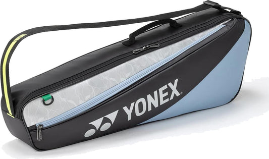 The Yonex BA52523EX Club 3 Racket Tennis Bag in black and blue features a shoulder strap, top handle, visible Yonex logo, and fits up to 3 rackets for easy carrying.