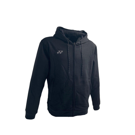 The Yonex YHD2024 Unisex Tennis Hoodie - Black features a zip-up design, small chest logo, adjustable drawstrings, and ribbed cuffs. Made from heavyweight insulated fabric, it's perfect for casual everyday wear.
