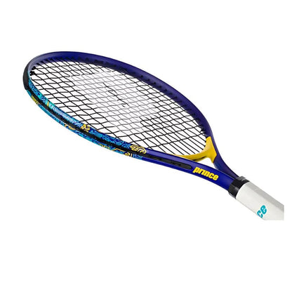 The Prince Ace/Face 26 2025 Junior Tennis Racket in blue and yellow features a lightweight frame, black strings, and a white grip, shown angled against a white background.