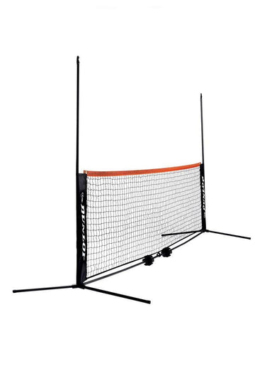 The Dunlop 3m Mini Tennis Net & Post Set in black and orange features sturdy base stands, adjustable black poles, a black mesh net with an orange top band—perfect for versatile indoor or outdoor play.