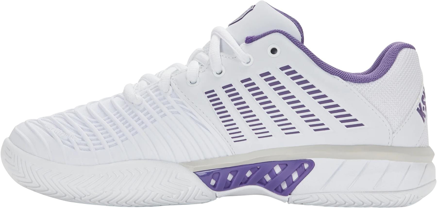 The K-Swiss Express Light 3 Women's Tennis Shoes in White/Purple Haze/Lunar Rock feature a white design with purple accents, purple inner lining, patterned sole, horizontal purple stripes, white laces, and a comfortable low-cut fit.