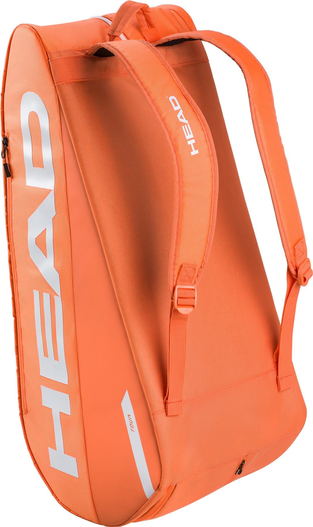 The HEAD Tour 9 Racket Tennis Bag L in orange features two padded shoulder straps, a bold white HEAD logo on the side, and a bottom zipper pocket—perfect for carrying rackets or using as a stylish tennis bag.