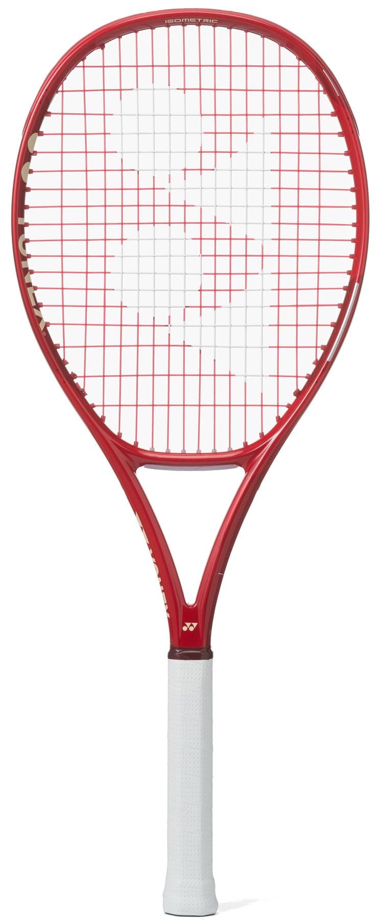 The Yonex VCORE Alpha L Ruby Red 2026 Tennis Racket features a white grip, white strings, and a bold white logo at the center. Displayed vertically on a plain background, it incorporates advanced ISOMETRIC technology for superior play.