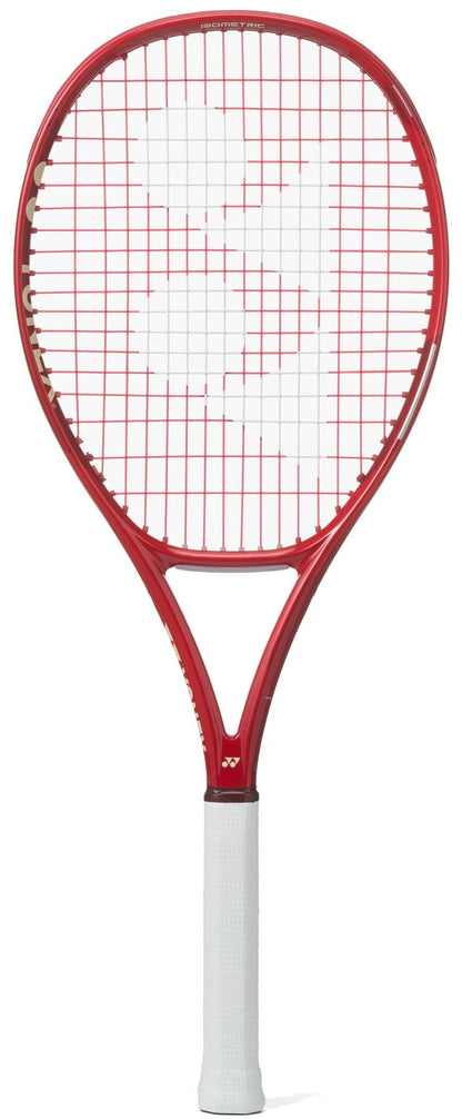 The Yonex VCORE Alpha L Ruby Red 2026 Tennis Racket features a white grip, white strings, and a bold white logo at the center. Displayed vertically on a plain background, it incorporates advanced ISOMETRIC technology for superior play.