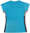 The Yonex YTL11 Women’s Tennis T-Shirt in Blue Sea features geometric bottom patterns and gray side panels on lightweight, quick-drying fabric. Shown from the back, it offers comfort and performance for tennis.