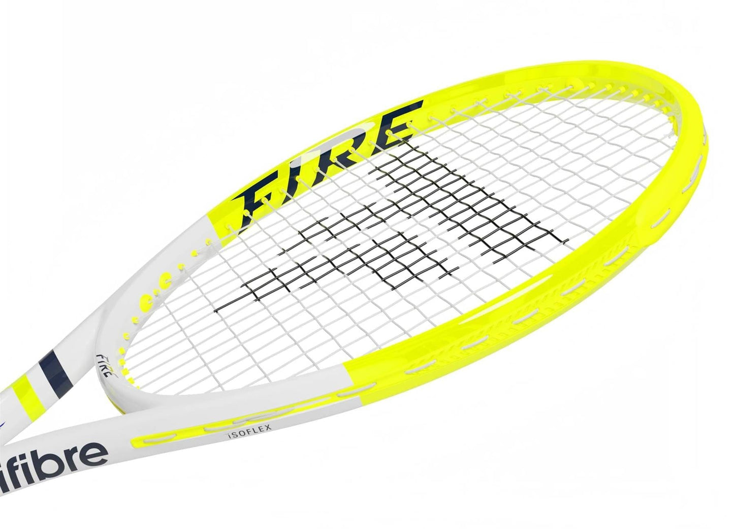 A close-up of the Tecnifibre Fire 305 S V1 Tennis Racket by Tecnifibre shows its white and bright yellow frame, black strings with "RISE" on the head, and a handle plus throat designed with vibration dampening technology.