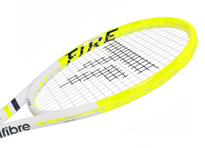 A close-up of the Tecnifibre Fire 305 S V1 Tennis Racket by Tecnifibre shows its white and bright yellow frame, black strings with "RISE" on the head, and a handle plus throat designed with vibration dampening technology.