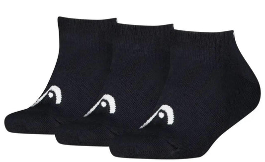 Three pairs of HEAD All Sport Sneaker Tennis Socks in black, featuring a small white design near the toes and cushioned soles for comfort, are displayed side by side on a white background.