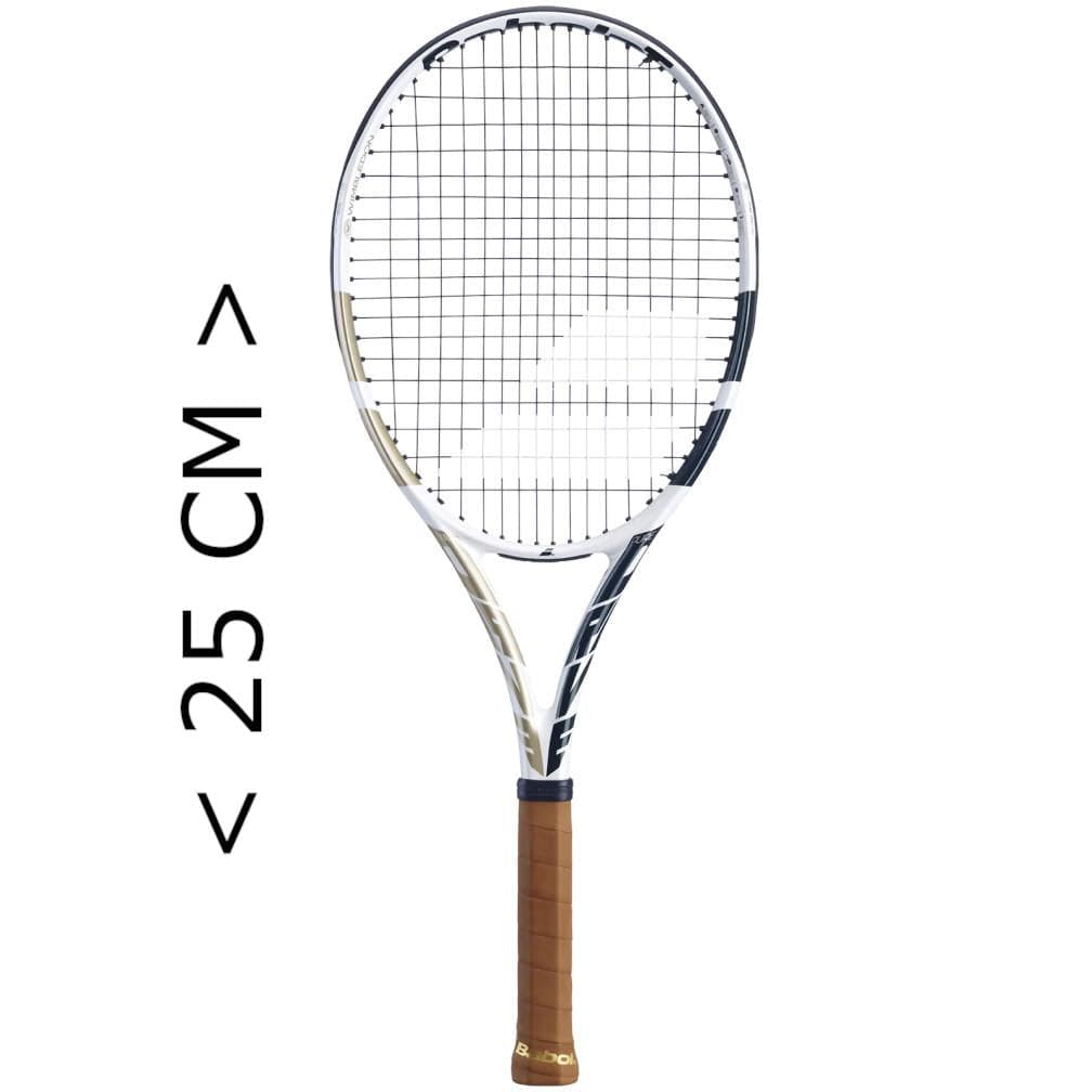 Image of a Babolat Mini Pure Drive Team Wimbledon Tennis Racket with a brown grip, measuring over 25 cm. An ideal Wimbledon souvenir from Babolat.