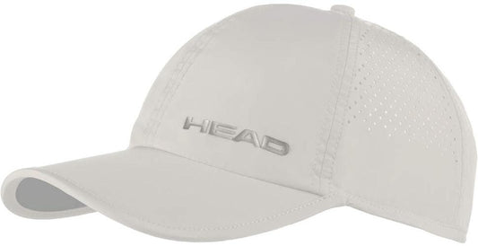 The HEAD Pro Player Tennis Cap in white features a curved brim, side ventilation holes, and "HEAD" embroidered on the front, making this lightweight cap from HEAD both stylish and functional for tennis play.