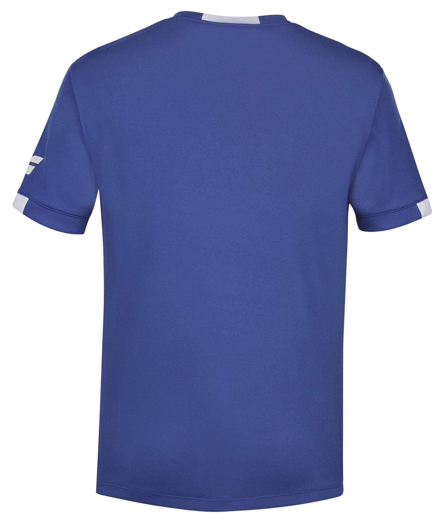 The Babolat Play Men's Crew Neck Tennis T-Shirt in Sodalite Blue is displayed from the back. Crafted from recycled polyester, it showcases a small white stripe on each sleeve and a white panel near the neckline. The Fiber Dry fabric looks smooth and lightweight, providing comfort for any occasion.