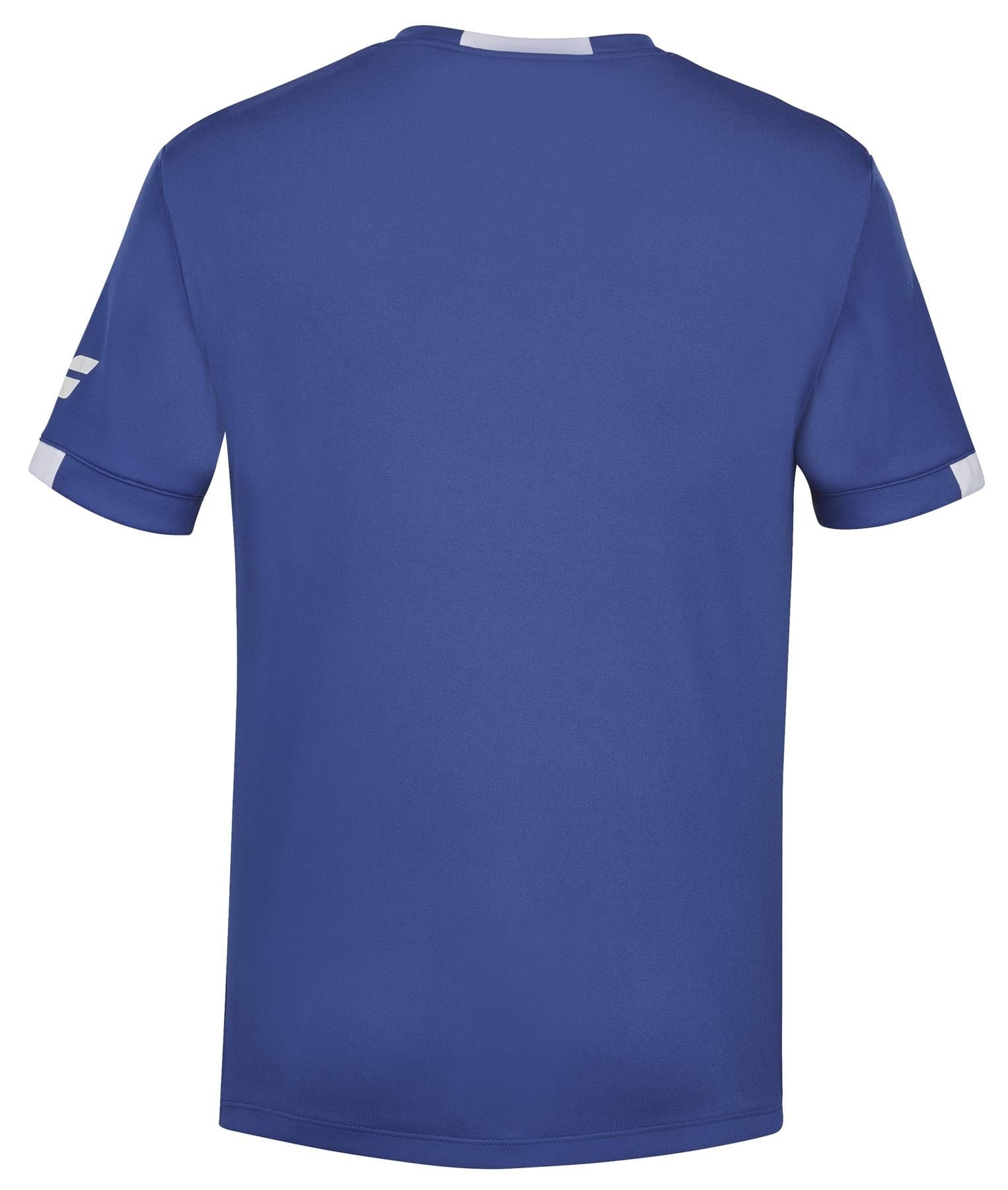 The Babolat Play Men's Crew Neck Tennis T-Shirt in Sodalite Blue is displayed from the back. Crafted from recycled polyester, it showcases a small white stripe on each sleeve and a white panel near the neckline. The Fiber Dry fabric looks smooth and lightweight, providing comfort for any occasion.