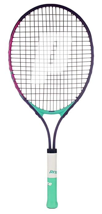 The Prince Ace/Face 26 2025 Junior Tennis Racket by Prince features a pink and teal frame with a white grip, showcased against a plain white background.