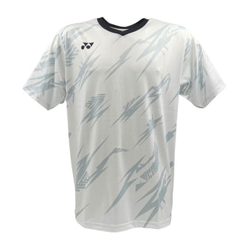 The Yonex YTM8 men's tennis T-shirt, in white and charcoal, features gray lightning bolt patterns and a small logo on the upper left chest. Made from moisture-wicking polyester, it includes a black V-neck collar for style and comfort on the court.