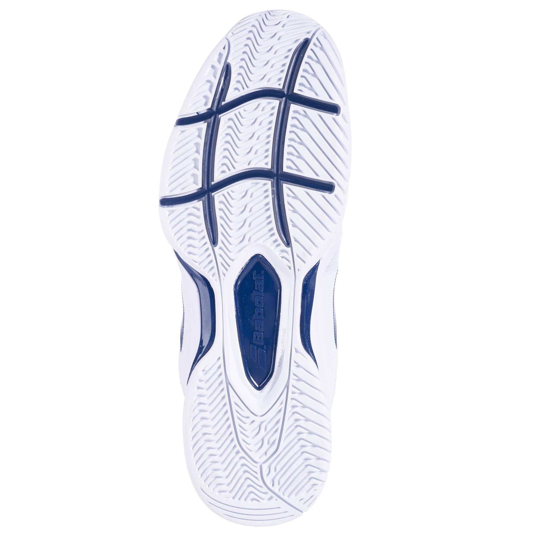 The image displays the sole of the Babolat SFX3 All Court Men's Tennis Shoes, showcasing a wavy tread pattern that is ideal for wide feet. It highlights blue accents and prominently features the word "Babolat" in the center. The design incorporates multiple grooves to provide traction and enhanced shock absorption.