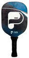 The Pickleball United Freedom Pickleball Paddle in black and blue features a bold "P" logo, geometric pattern, and "Pickleball United" near the base, with a fiberglass hitting surface and polypropylene honeycomb core above a black grip handle.