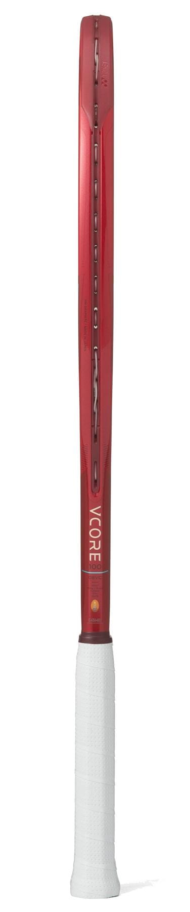 The Yonex VCORE 100 Ruby Red 2026 Tennis Racket is shown from the side with a white grip and "VCORE" printed vertically on the throat, ideal for players seeking maximum spin.
