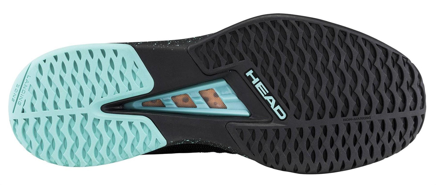 The image shows the sole of the HEAD Sprint Pro 4.0 SF Men's Tennis Shoe by HEAD, with a textured design: the left is light teal with grooves, and the right is black with diamond grip and white "HEAD" on SuperFabric material.