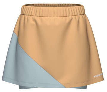 The HEAD Dynamic Womens Tennis Skort in Apricot/Light Blue features an elastic waistband, contrasting diagonal panels, "HEAD" branding, and is made from moisture transfer microfibre for comfort on the court.