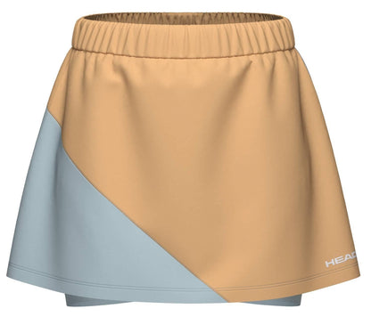 The HEAD Dynamic Womens Tennis Skort in Apricot/Light Blue features an elastic waistband, contrasting diagonal panels, "HEAD" branding, and is made from moisture transfer microfibre for comfort on the court.