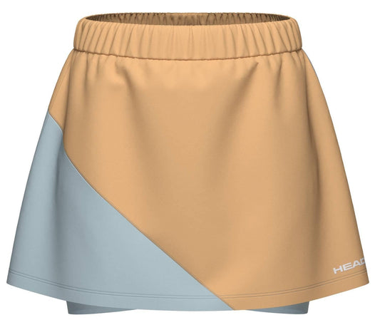The HEAD Dynamic Womens Tennis Skort in Apricot/Light Blue features an elastic waistband, contrasting diagonal panels, "HEAD" branding, and is made from moisture transfer microfibre for comfort on the court.