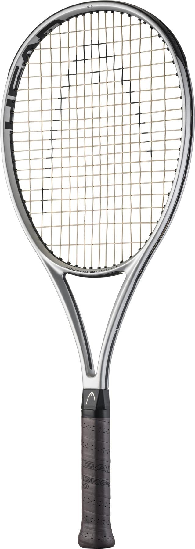The HEAD Arthur Ashe Competition 2025 Tennis Racket - Silver features a sleek black and silver design with a black grip and tightly strung strings, displayed against a white background—crafted by HEAD for the 2025 event.